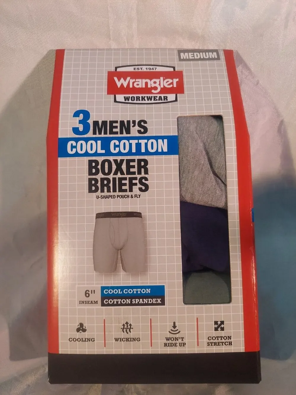 Men's Wrangler Workwear Boxer Briefs 3 Pk. Cool Cotton 6 in. inseam Size M*